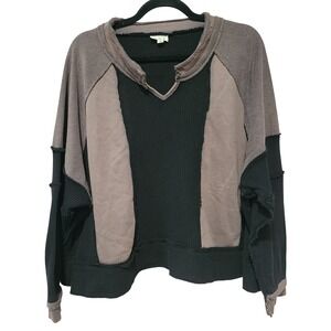 POL Clothing Womens Small Black Charcoal Patchwork Waffle Knit Thermal Boho Top
